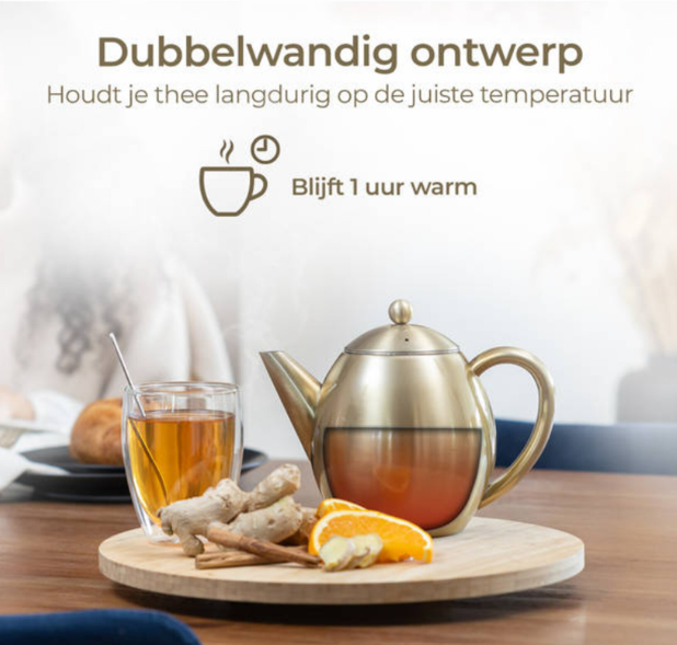 Theepot RVS dubbelwandig goud 1.2 L